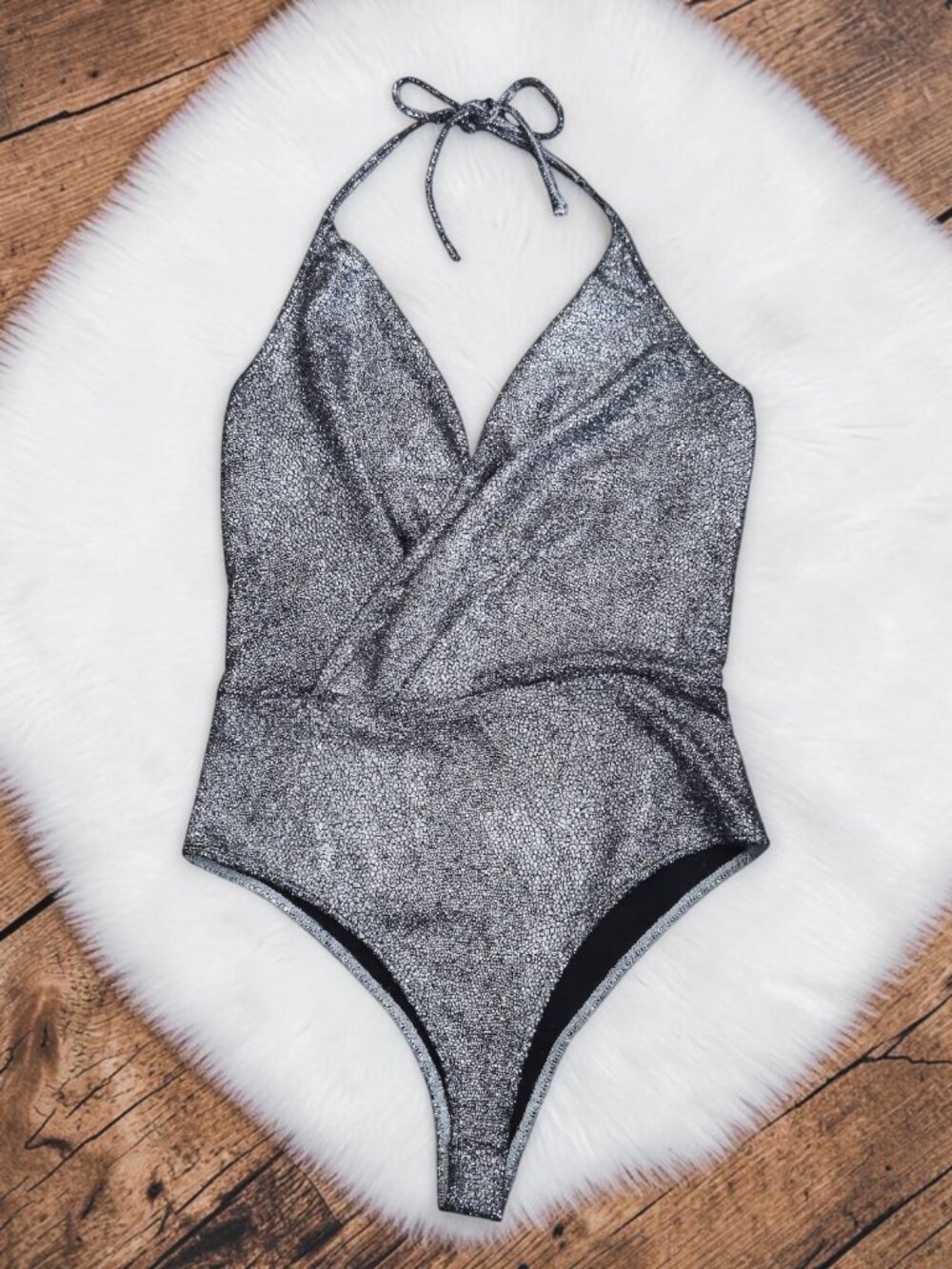 BEAR DANCE Silver Metallic Onesie Drape Bust Bodysuit M